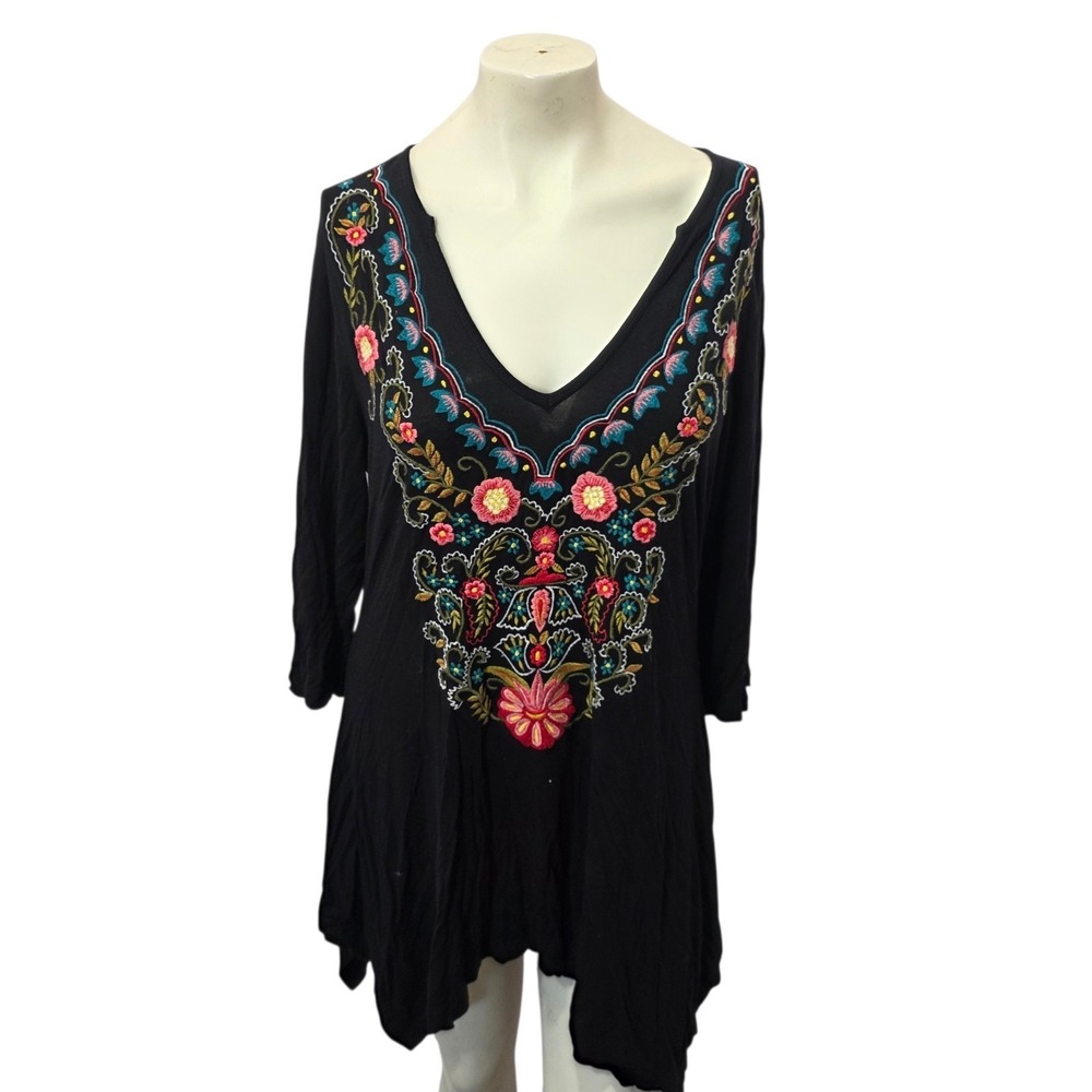 Soft Surroundings Embroidered Tunic Dress M‎ Black Floral Boho V Neck India